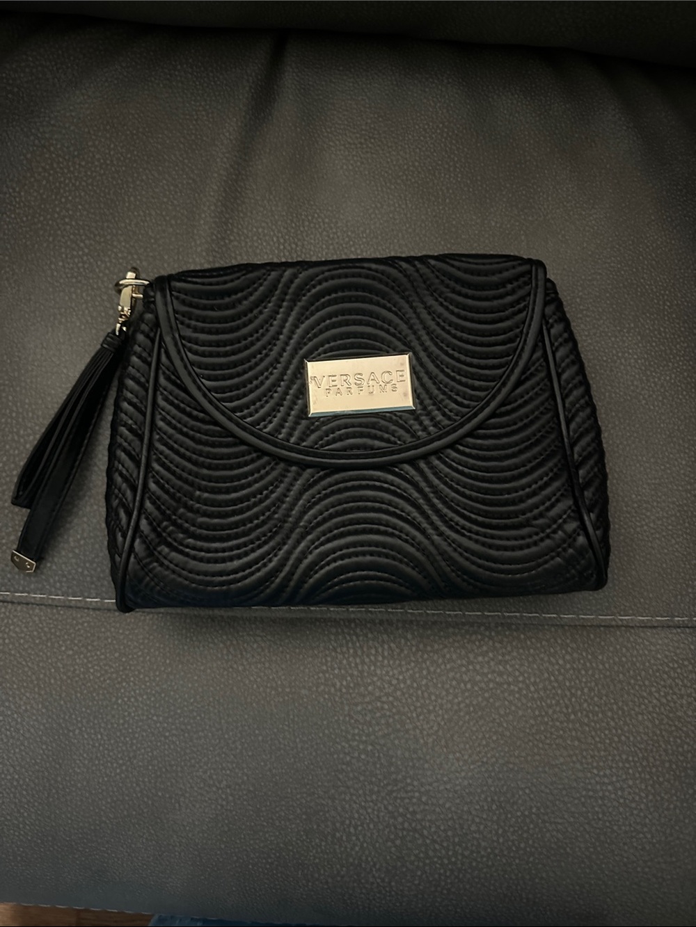 Versace Black Quilted Wave-Pattern Wristlet Clutch with Gold Plaque